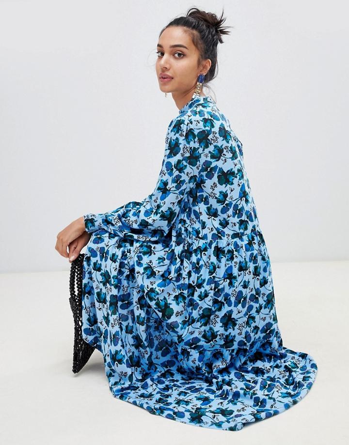 Lost Ink High Neck Midaxi Shift Dress In Winter Floral - Blue