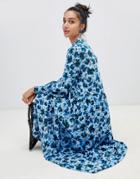 Lost Ink High Neck Midaxi Shift Dress In Winter Floral - Blue