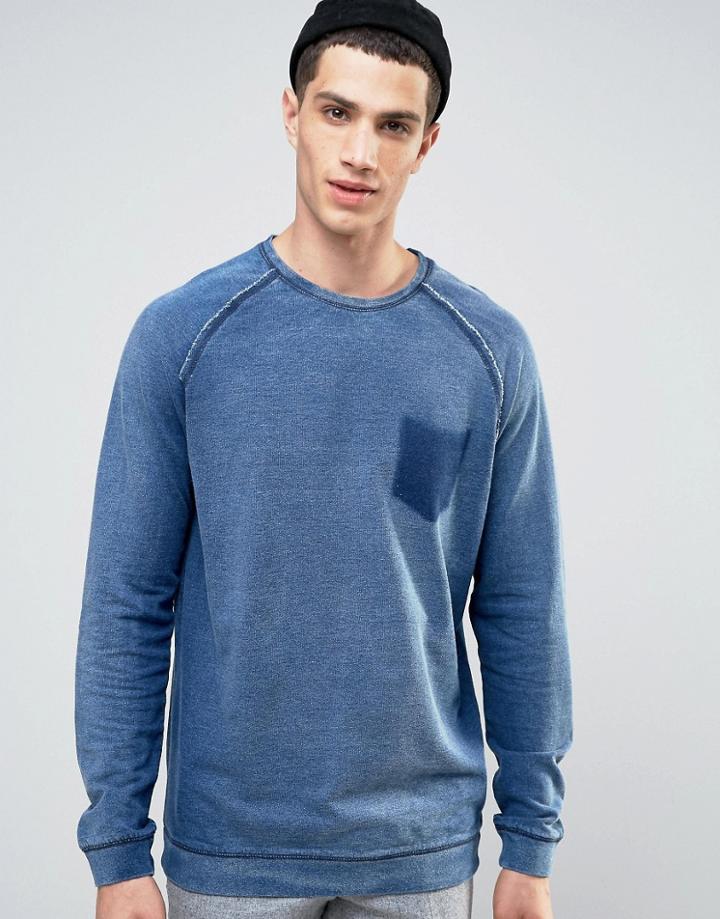 Solid Sweatshirt In Washed Denim Look - Navy