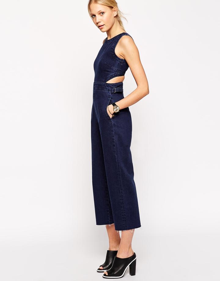 Asos Denim Wide Leg Cut Out Denim Jumpsuit In Indigo - Indigo