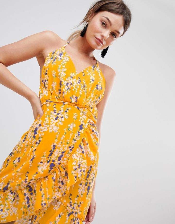 Parisian Floral Wrap Cami Dress With Frill - Yellow