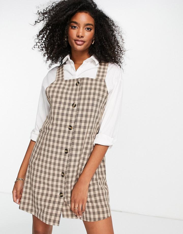 Vila Overall Mini Dress With Button Front In Check Print-white
