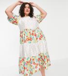 Twisted Wunder Plus Midi Smock Dress In Mixed Patchwork Floral And Dots-multi