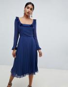 Asos Design Pleated Ruffle Square Neck Midi Dress With Long Sleeves-navy
