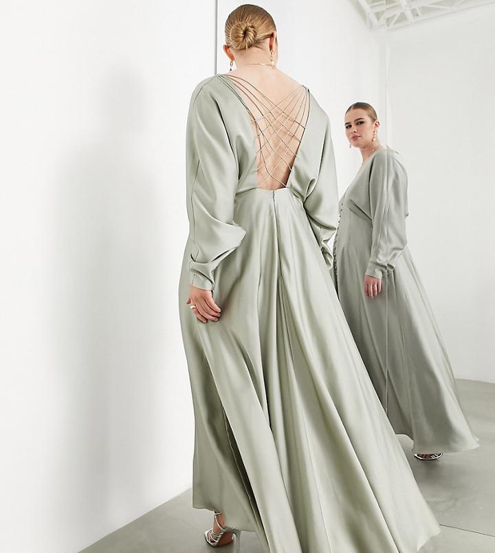 Asos Edition Curve Satin Lattice Back Maxi Dress In Sage Green