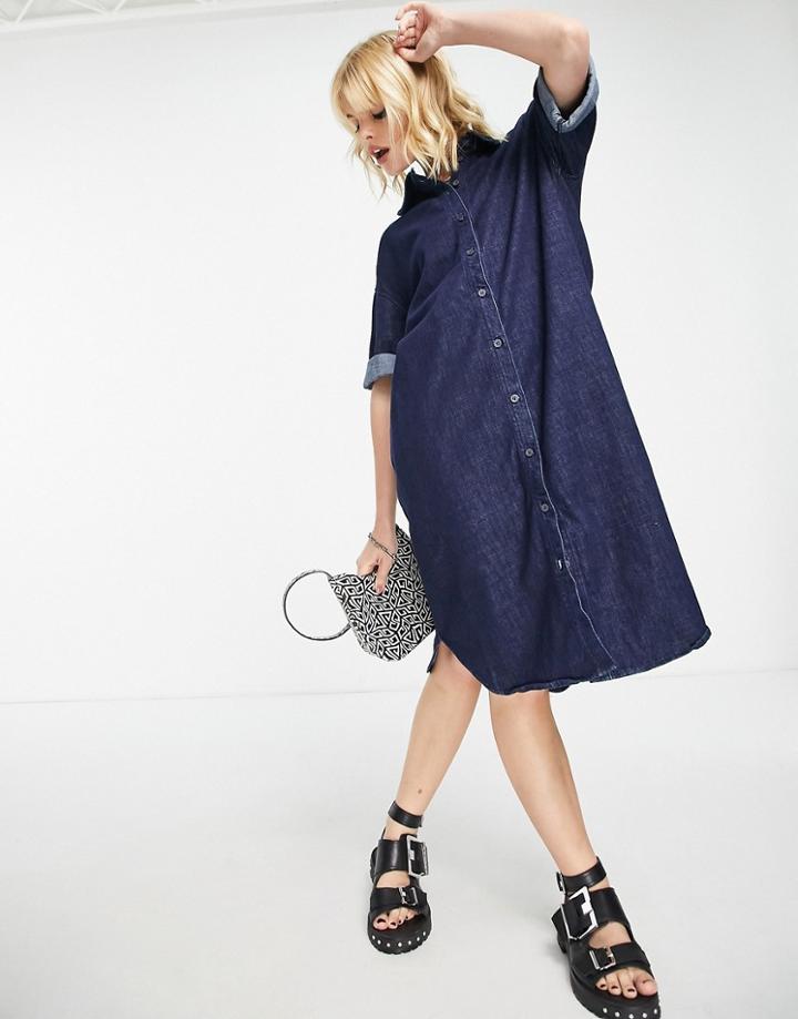 Only Longline Oversized Midi Dress In Dark Blue Denim-navy