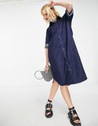 Only Longline Oversized Midi Dress In Dark Blue Denim-navy