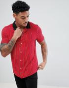 Asos Design Oversized Stripe Shirt With Contrast Collar In Red - Red