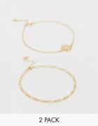 Asos Design Pack Of 2 Anklets With Sun Charm And Chain In Gold Tone
