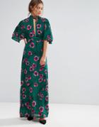 Liquorish Kimono Sleeve Floral Print Maxi Dress - Green