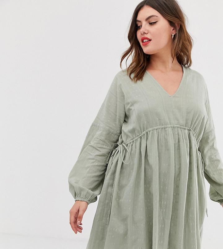 Asos Design Curve V Front V Back Mini Smock Dress In Texture With Long Sleeves-green