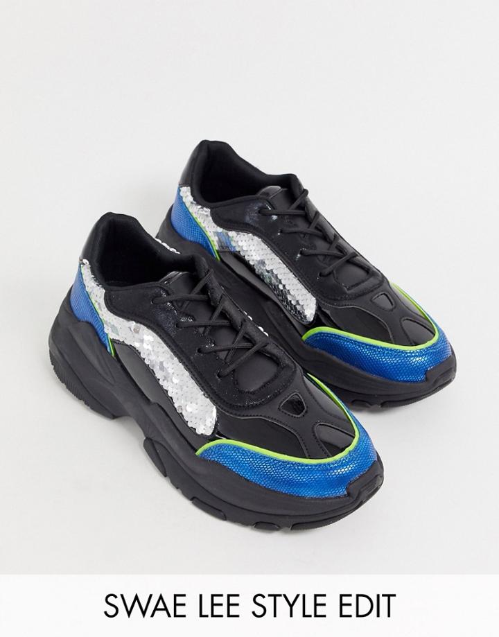 Asos Design Sneakers In Black Patent And Sequin With Chunky Sole