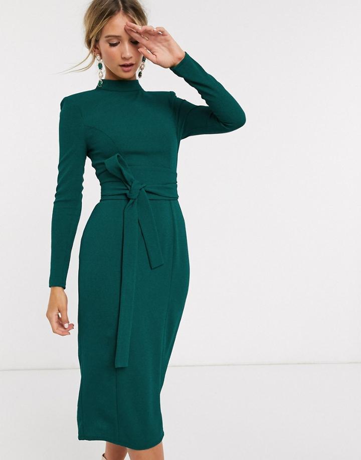 Asos Design Long Sleeve Midi Dress With Obi Belt In Forest Green