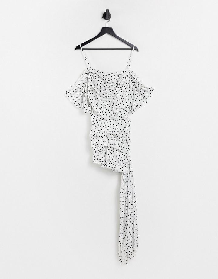 In The Style X Jac Jossa Cowl Front Draped Shoulder Mini Dress With Train In Polka Dot Print-multi
