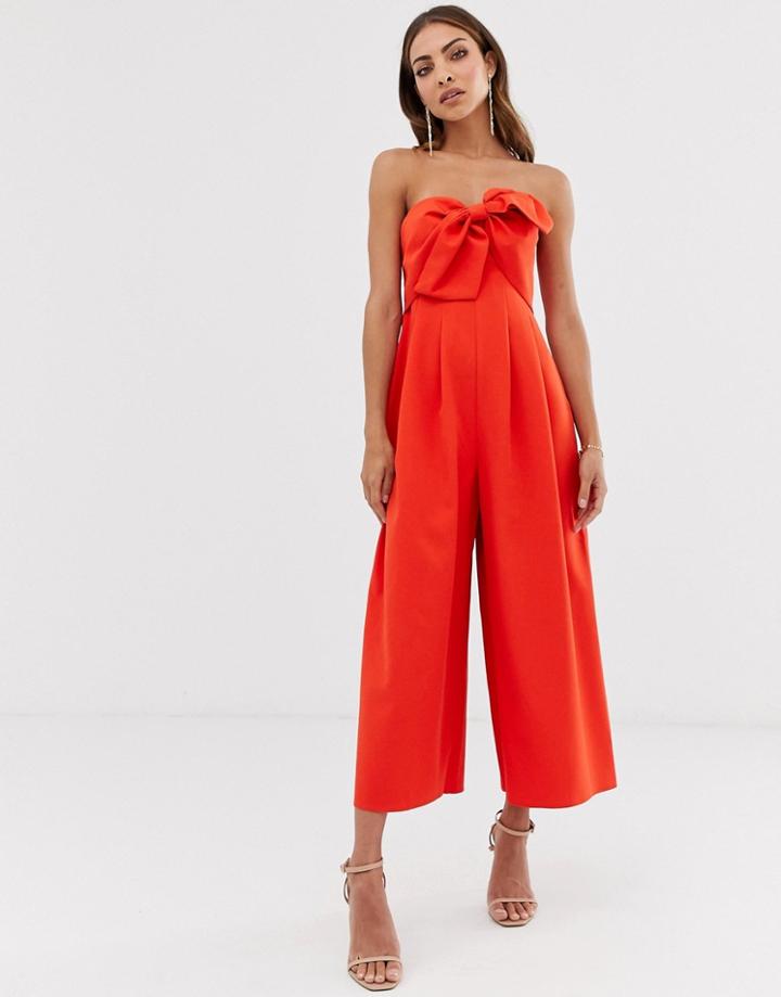 Asos Design Bandeau Culotte Jumpsuit With Big Bow Detail - Red