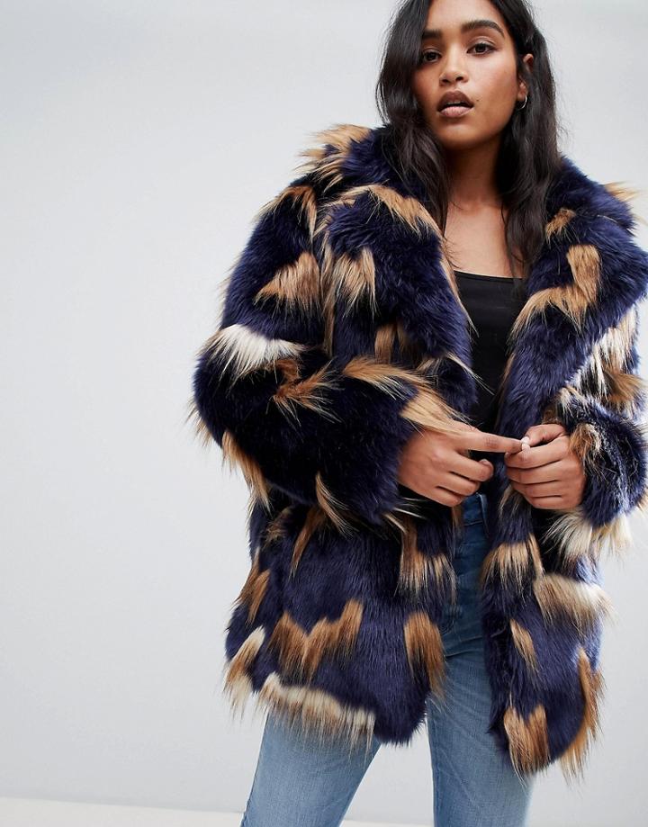 Asos Design Patched Faux Fur Coat - Multi