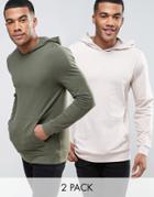 Asos Lightweight Muscle Hoodie 2 Pack Pink/ Khaki Save - Multi