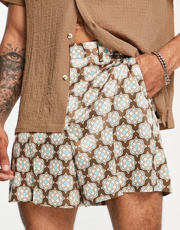 Asos Design Bermuda Crop Smart Shorts In Brown Geo Print Satin
