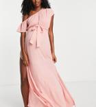 Asos Design Maternity Off Shoulder Tie Waist Maxi Beach Dress In Pink