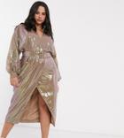 Asos Design Curve Midi Dress With Blouson Sleeve And Belt In Irridescent Sheet Sequin-multi