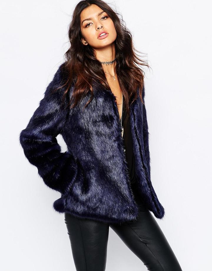 Faux London Fluffy Faux Fur Midi Coat - Navy