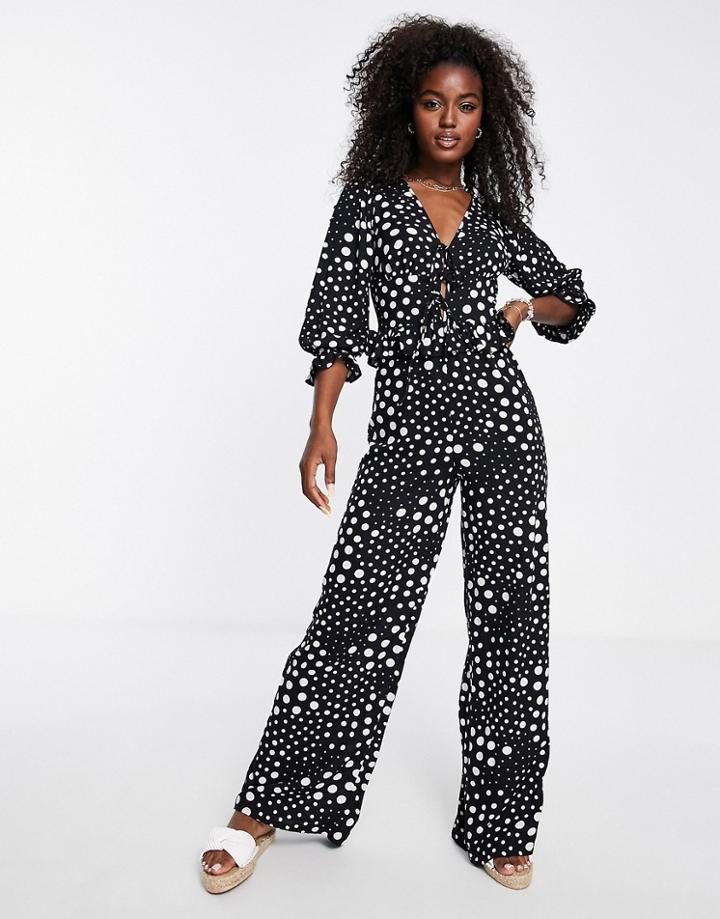 Miss Selfridge Tie Front Wide Leg Jumpsuit In Mix Spot Print-multi