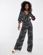 Miss Selfridge Tie Front Wide Leg Jumpsuit In Mix Spot Print-multi