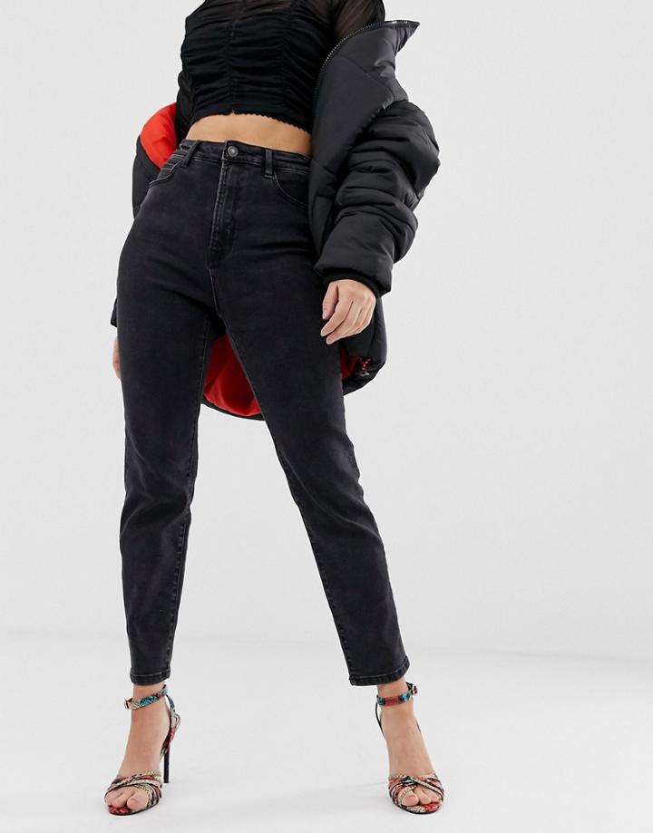 Stradivarius Cotton Slim Mom Jean With Stretch In Black - Black