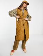 Only Quilted Ultra Longline Belted Vest In Camel-brown
