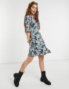 New Look Ruched Bust Mini Tea Dress In Black Flirty Floral