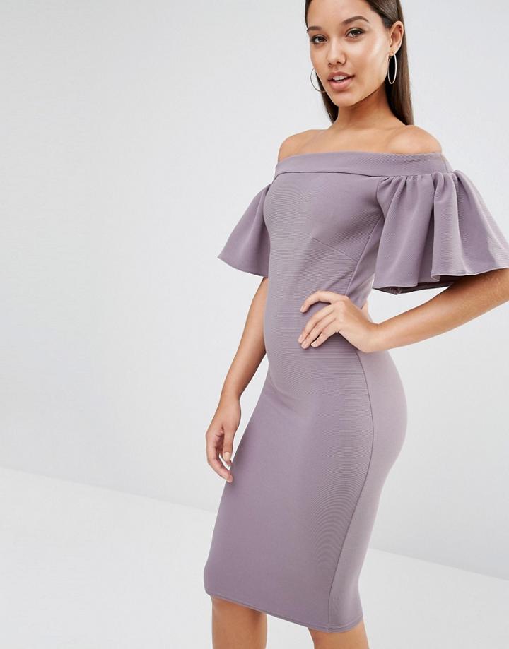 Oh My Love Midi Bardot Dress With Frill - Gray