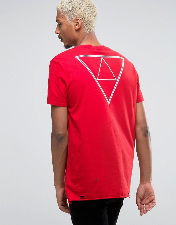 Asos Longline T-shirt With Heavy Distress And Back Triangle Print - Re