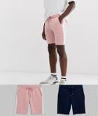 Asos Design Tall Jersey Skinny Shorts 2 Pack With Side Stripe In Pink And Plain Navy - Pink