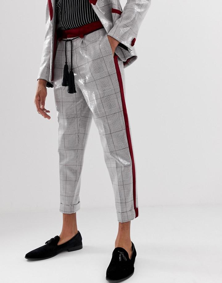 Asos Edition Tapered Suit Pants In Gray Sequin Check With Rope Tassel Belt - Brown