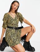 Topshop Bell Sleeve Angel Dress In Animal Print-yellow