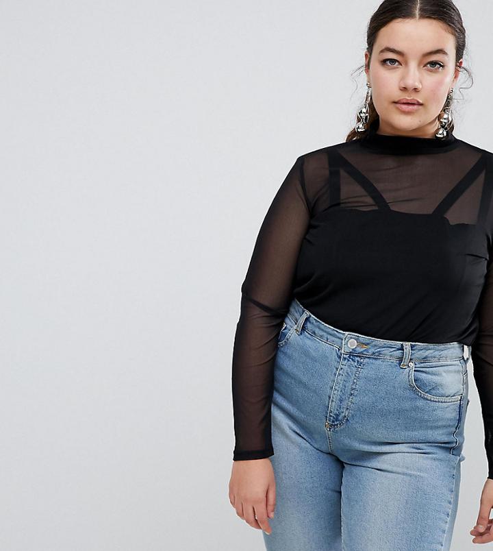 Asos Design Curve Crop High Neck Top In Mesh With Bralette - Black