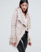 Lipsy Belted Coat With Faux Fur Collar - Beige