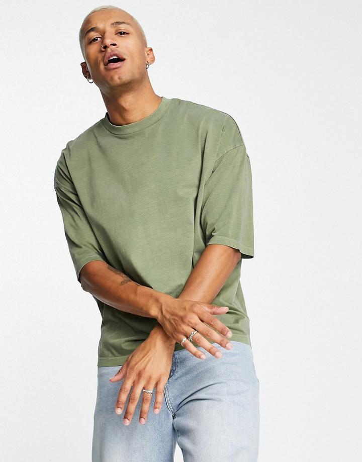 Asos Design Oversized T-shirt In Khaki Organic Cotton Blend Acid Wash-green