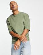 Asos Design Oversized T-shirt In Khaki Organic Cotton Blend Acid Wash-green