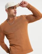 Asos Design Midweight Cotton Sweater In Brown Twist
