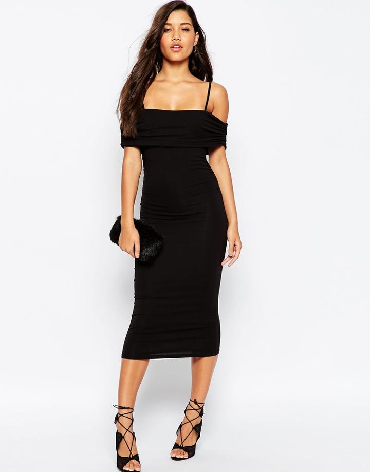 Asos Off The Shoulder Bardot Midi Bodycon Dress With Straps - Dusty Pink