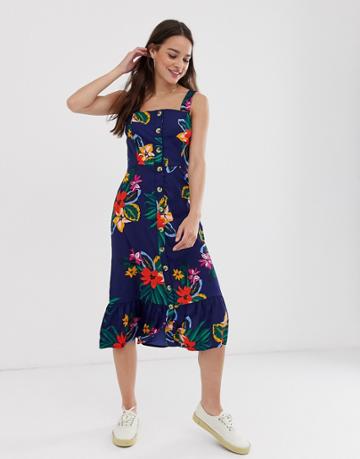 Influence Buton Through Midi Dress In Tropical Floral Print - Blue