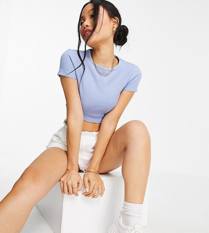 Asos Design Petite Fitted Top In Waffle In Washed Blue-blues