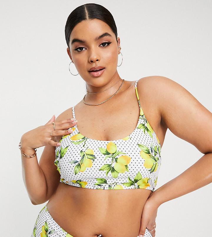 Missguided Plus Bikini Top In Lemon Print-white