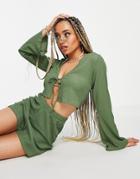 Asos Design Jersey Textured Set Long Sleeve Beach Tie Front Crop Top In Khaki-green