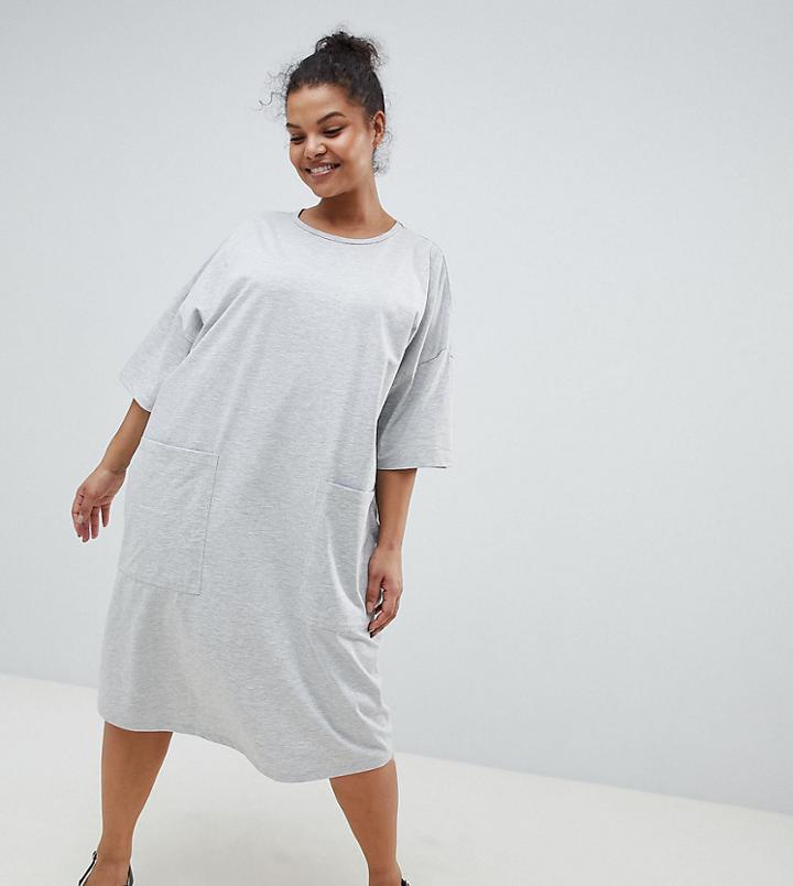 Asos Design Curve Boyfriend T-shirt Dress With Pocket - Gray
