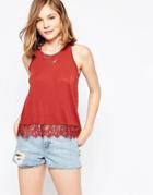 Jdy Kimmie Sleeveless Tank With Lace Trim In Henna - Red