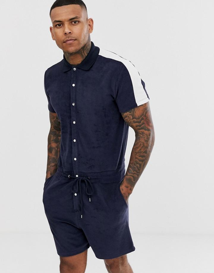 Asos Design Towelling Short Jumpsuit With Side Stripe In Navy