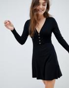 Asos Design Mini Rib Skater Dress With Horn Buttons - Black