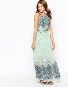 Pussycat London Maxi Dress With Floral Print Border - Green